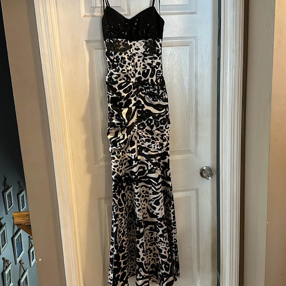 Black and white ruched dress with black sequin halter top